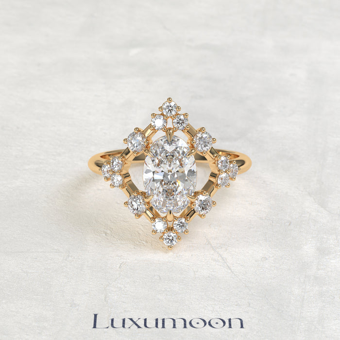 The Lora – Oval Cut Lab Grown Diamond Art Deco Open Diamond Frame Engagement Ring