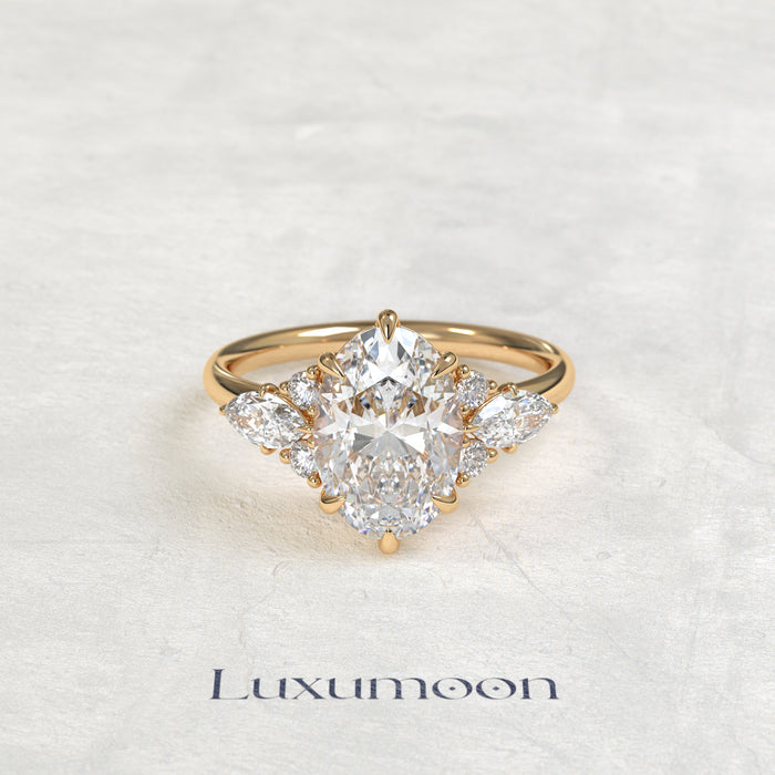 The Lorin – Oval Cut Lab Grown Diamond Marquise Accent Wing Cluster Engagement Ring