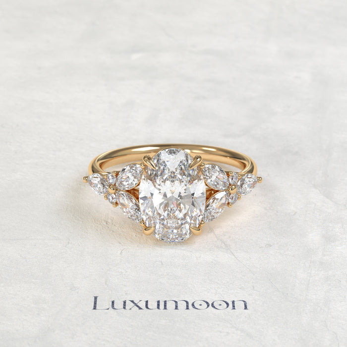 The Kiora – Oval Cut Lab Grown Diamond Stacked Marquise & Round Full Wing Engagement Ring