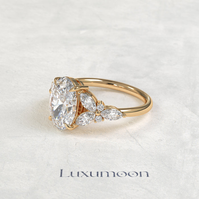 The Kiora – Oval Cut Lab Grown Diamond Stacked Marquise & Round Full Wing Engagement Ring