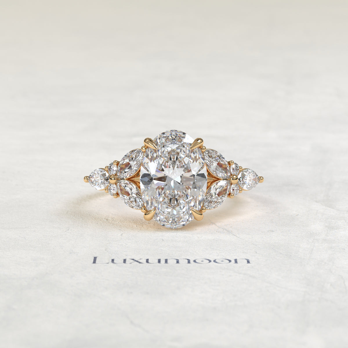 The Kiora – Oval Cut Lab Grown Diamond Stacked Marquise & Round Full Wing Engagement Ring