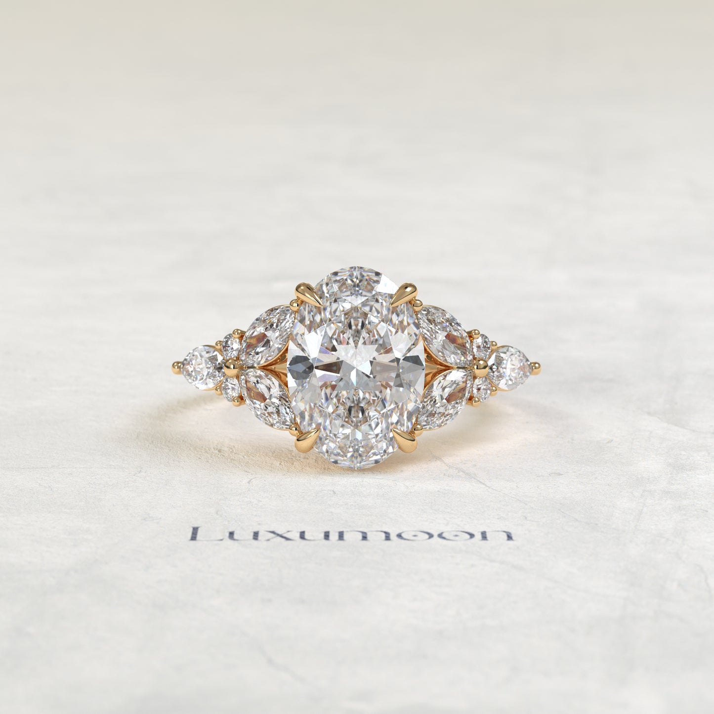 The Kiora – Oval Cut Lab Grown Diamond Stacked Marquise & Round Full Wing Engagement Ring