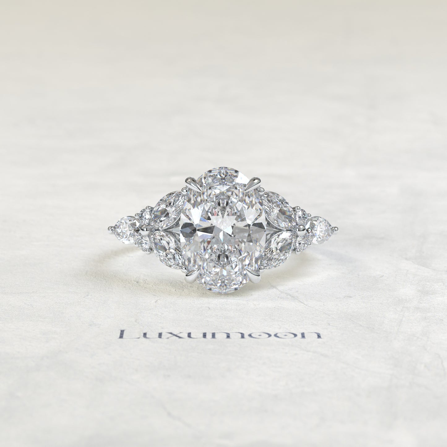 The Kiora – Oval Cut Lab Grown Diamond Stacked Marquise & Round Full Wing Engagement Ring