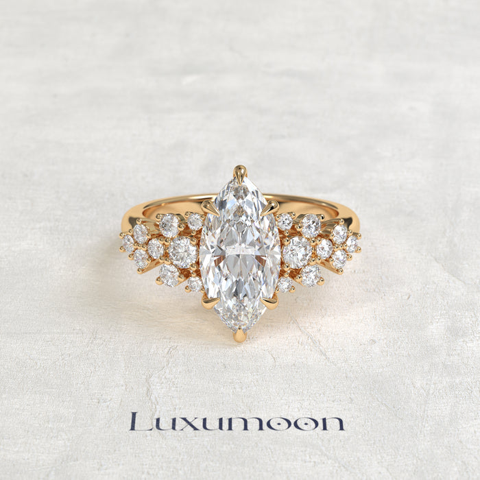 The Aira – Marquise Cut Lab Grown Diamond Scattered Floral Cluster Filigree Engagement Ring