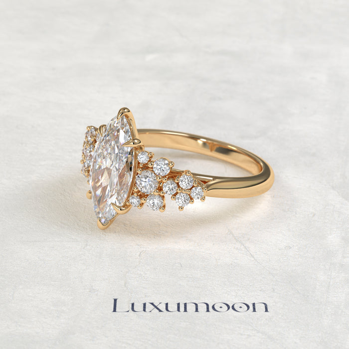 The Aira – Marquise Cut Lab Grown Diamond Scattered Floral Cluster Filigree Engagement Ring