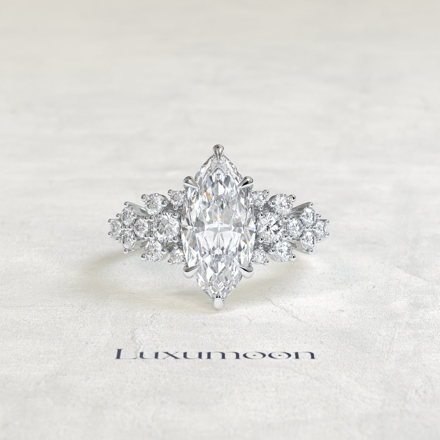 The Aira – Marquise Cut Lab Grown Diamond Scattered Floral Cluster Filigree Engagement Ring