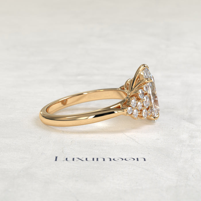 The Cora – Pear Cut Lab Grown Diamond Scattered Round Cluster Shoulder Engagement Ring