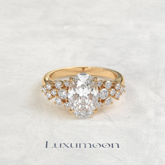 The Eira – Oval Cut Lab Grown Diamond Scattered Round Cluster Shoulder Engagement Ring