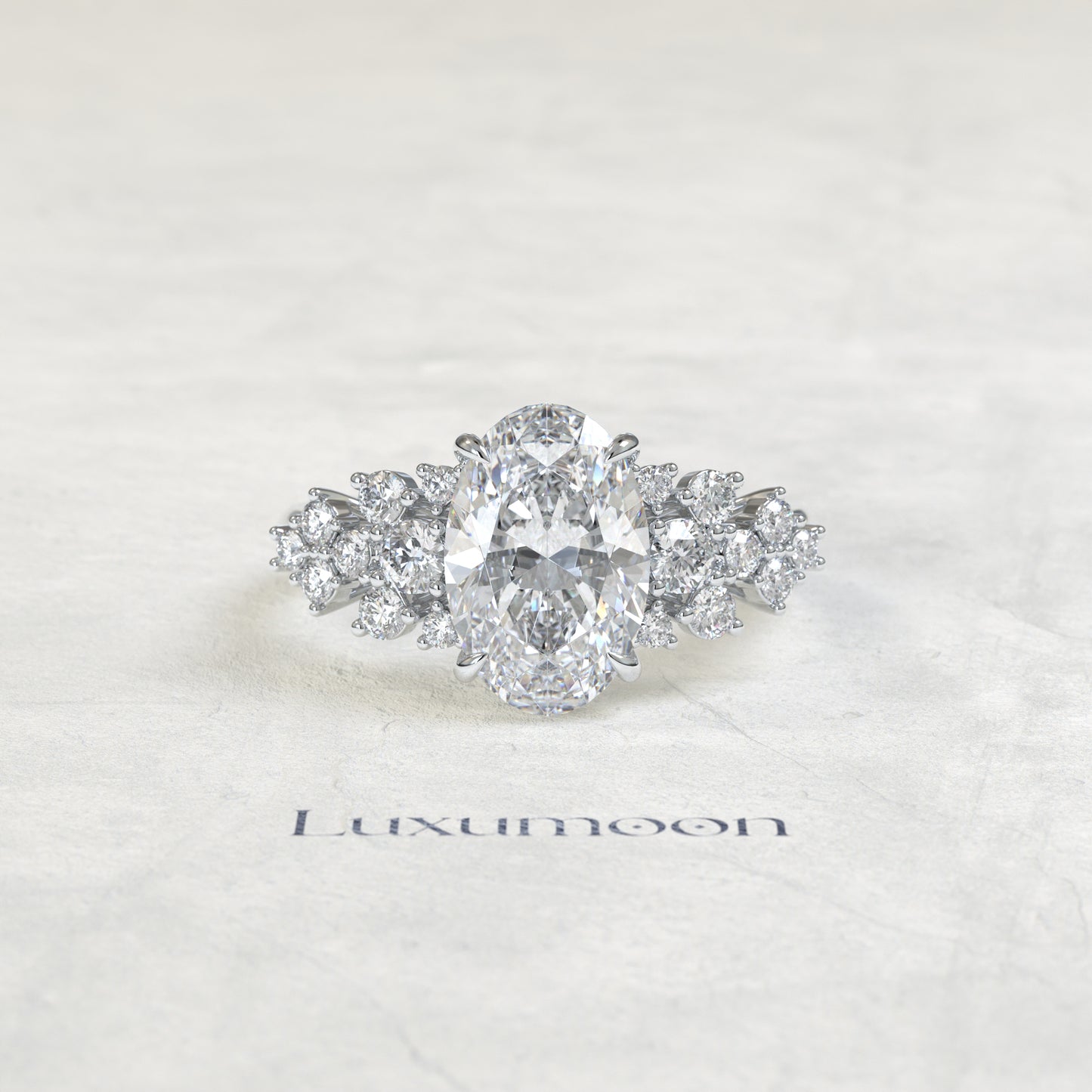 The Eira – Oval Cut Lab Grown Diamond Scattered Round Cluster Shoulder Engagement Ring