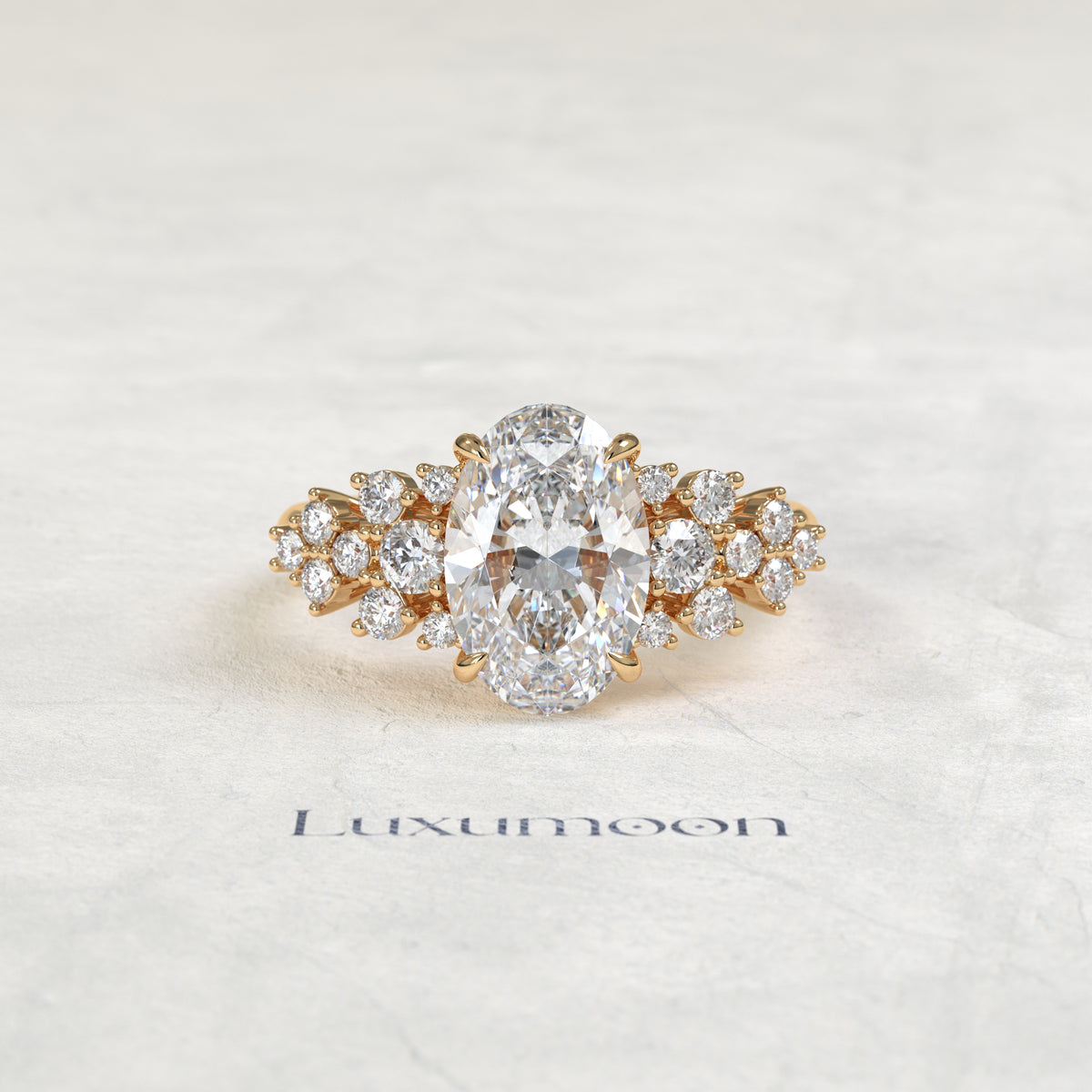 The Eira – Oval Cut Lab Grown Diamond Scattered Round Cluster Shoulder Engagement Ring