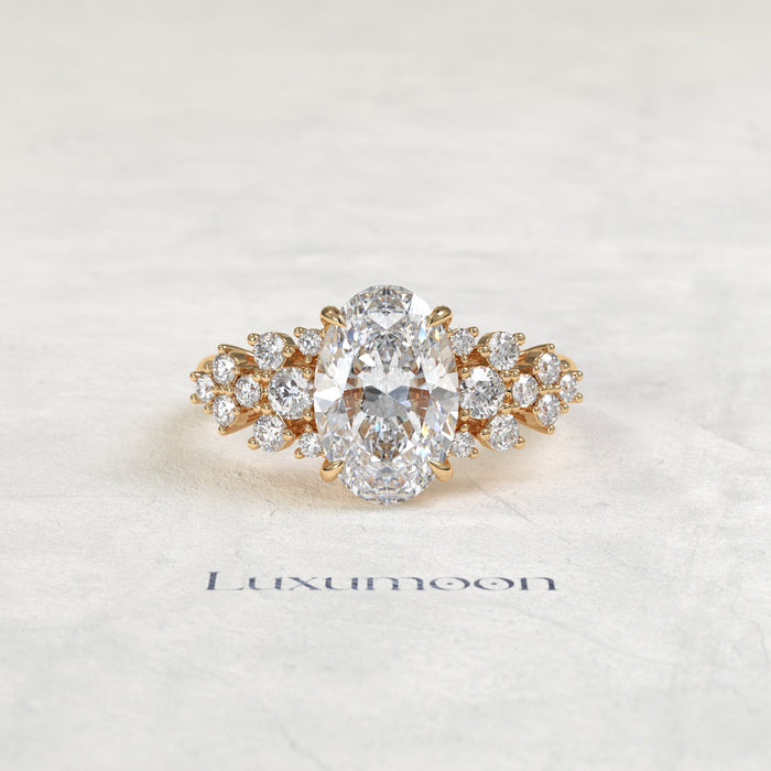 The Eira – Oval Cut Lab Grown Diamond Scattered Round Cluster Shoulder Engagement Ring