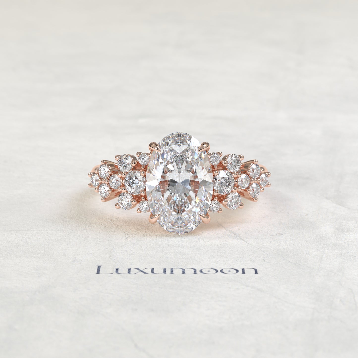 The Eira – Oval Cut Lab Grown Diamond Scattered Round Cluster Shoulder Engagement Ring