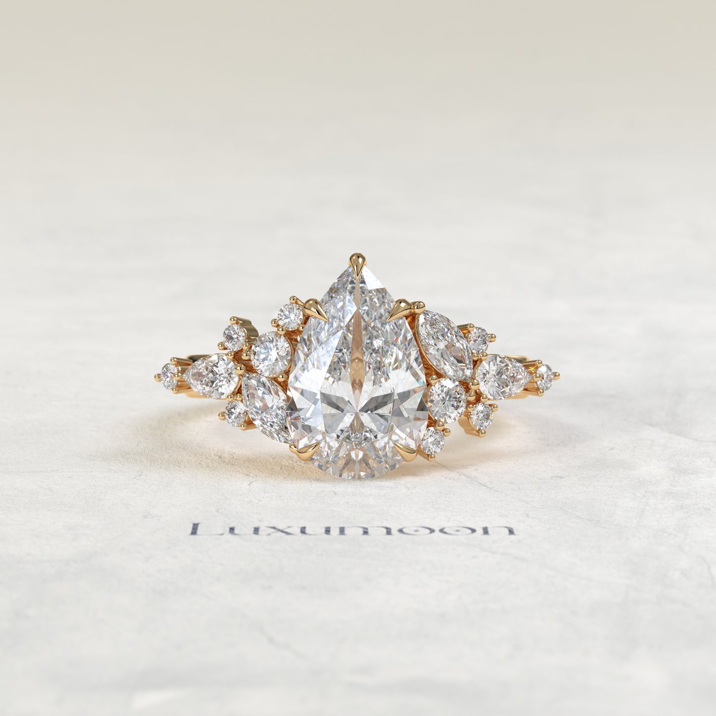 The Lior – Pear Cut Lab Grown Diamond Marquise & Round Mixed Cluster Shoulder Engagement Ring