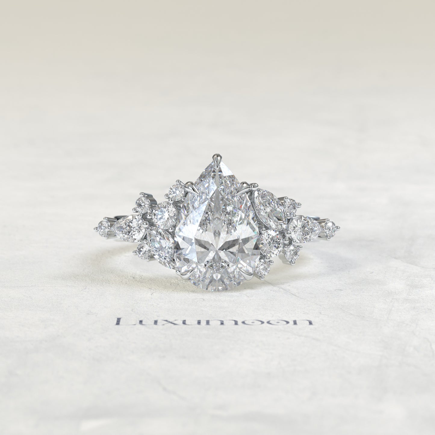The Lior – Pear Cut Lab Grown Diamond Marquise & Round Mixed Cluster Shoulder Engagement Ring