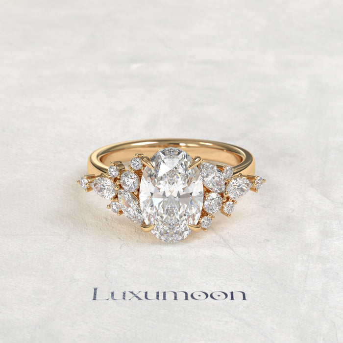 The Kira – Oval Cut Lab Grown Diamond Marquise & Round Scattered Cluster Engagement Ring