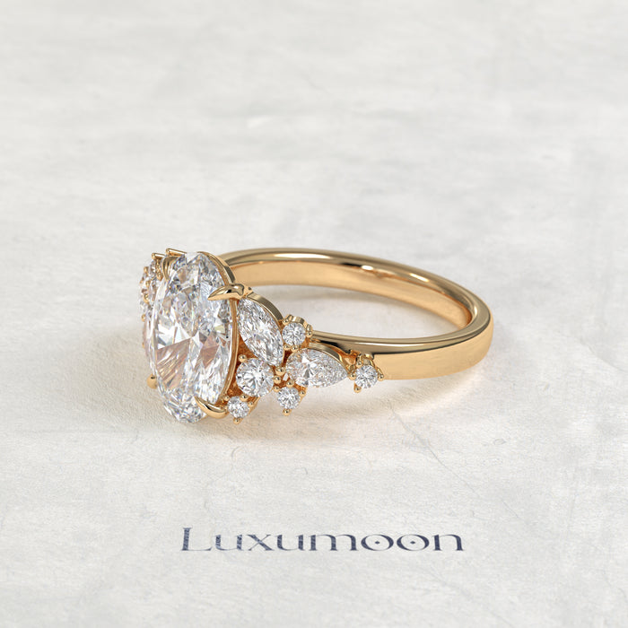 The Kira – Oval Cut Lab Grown Diamond Marquise & Round Scattered Cluster Engagement Ring