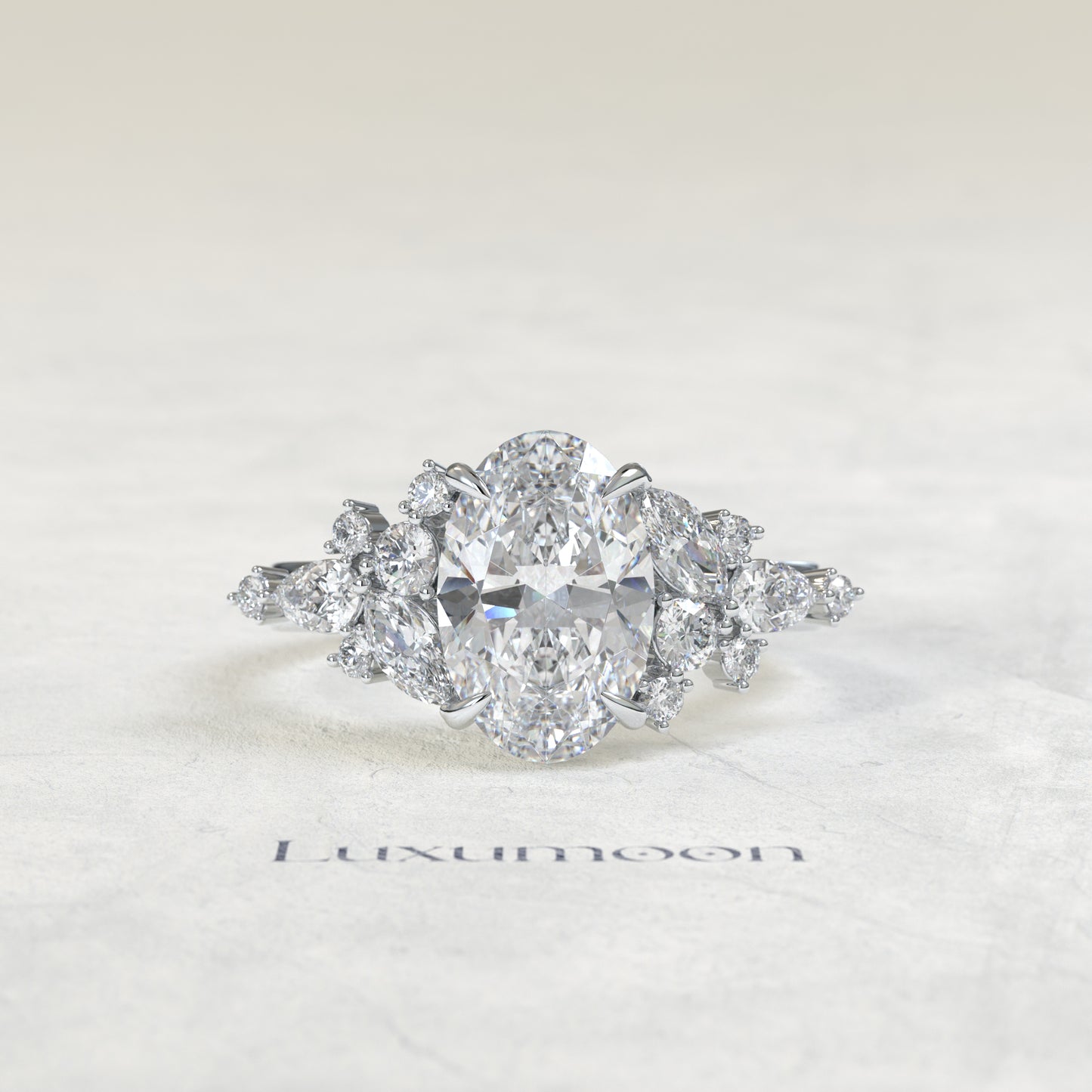 The Kira – Oval Cut Lab Grown Diamond Marquise & Round Scattered Cluster Engagement Ring