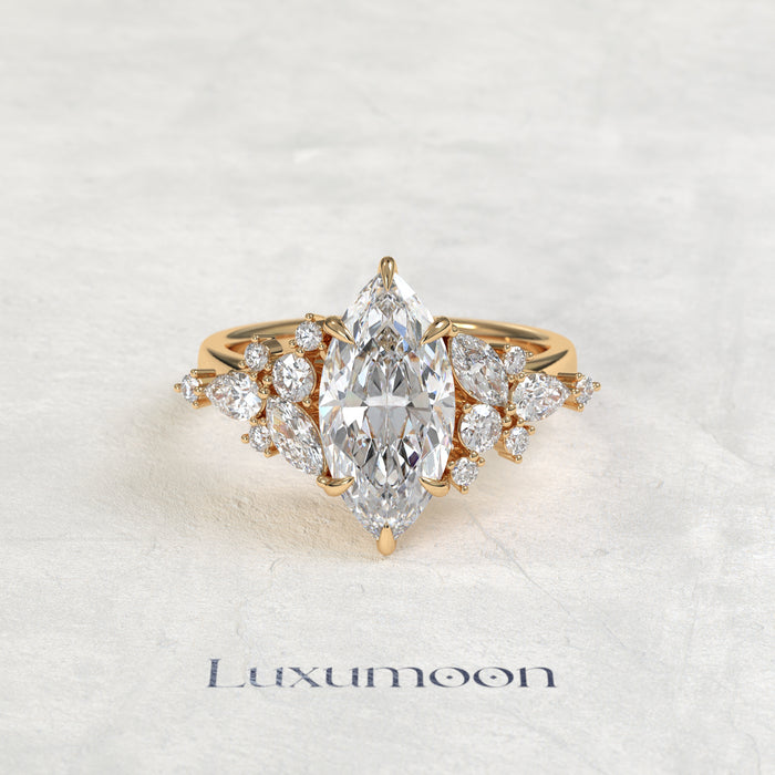 The Alya – Marquise Cut Lab Grown Diamond Wide Scattered Mixed-Cut Cluster Engagement Ring