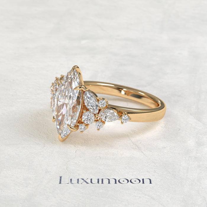The Alya – Marquise Cut Lab Grown Diamond Wide Scattered Mixed-Cut Cluster Engagement Ring