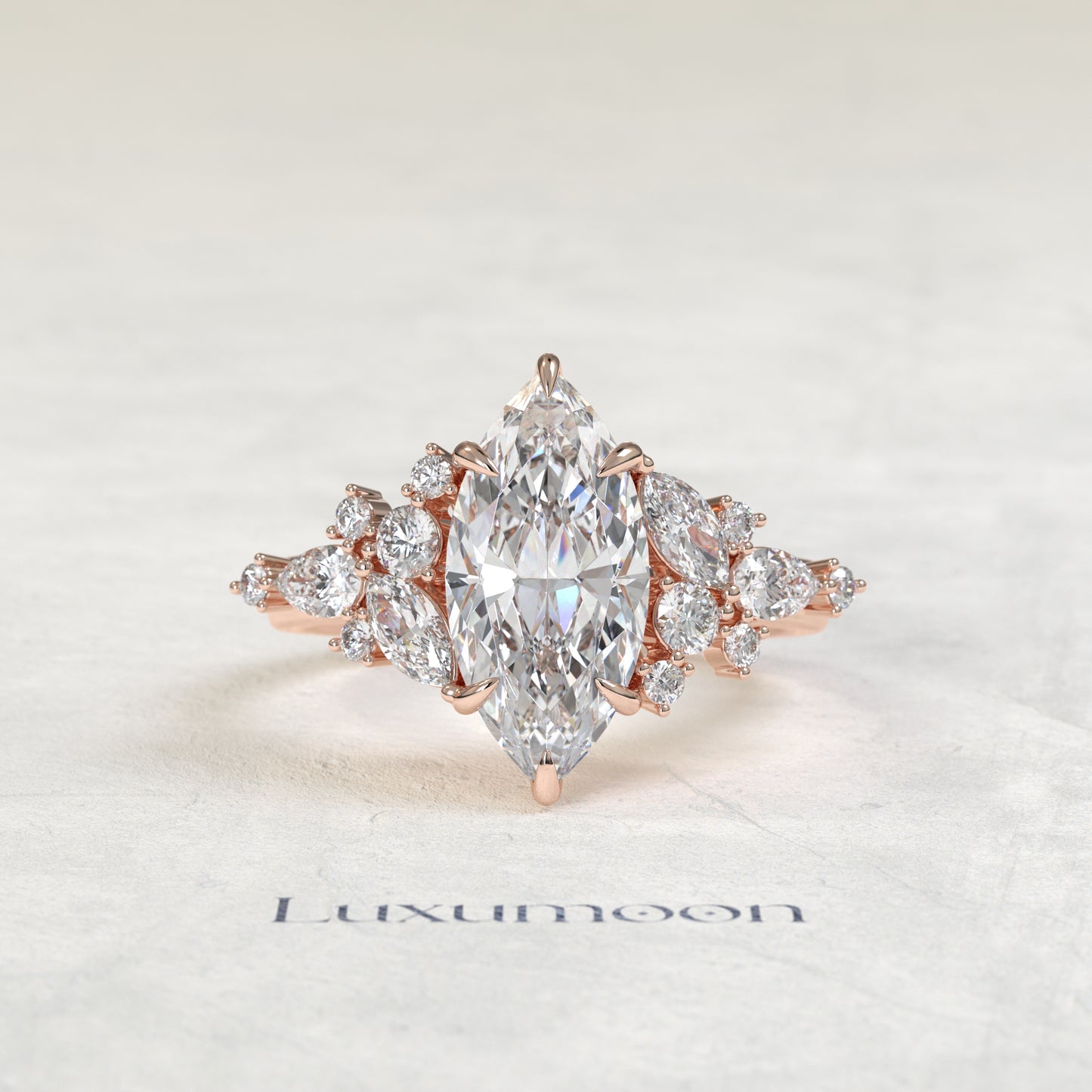 The Alya – Marquise Cut Lab Grown Diamond Wide Scattered Mixed-Cut Cluster Engagement Ring