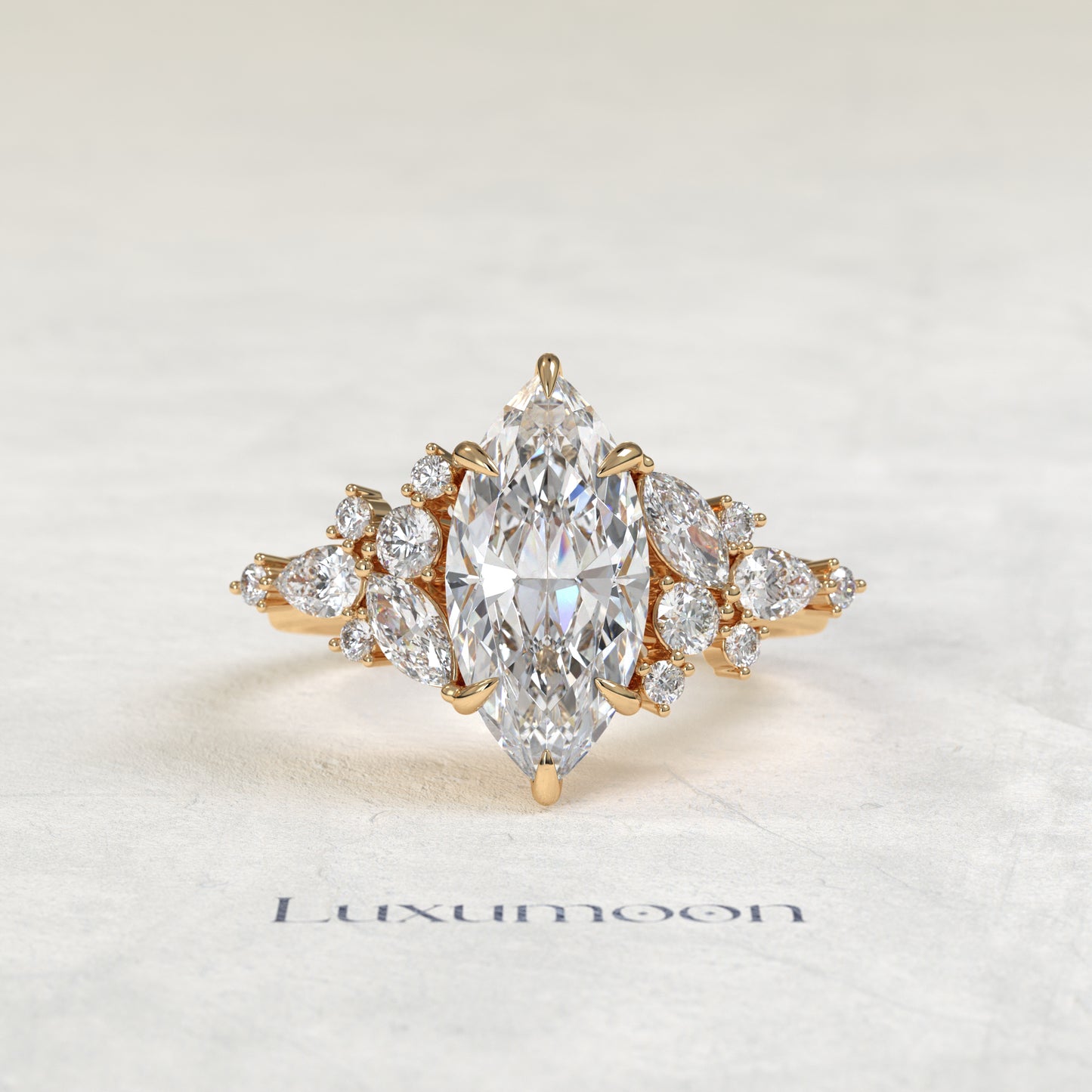 The Alya – Marquise Cut Lab Grown Diamond Wide Scattered Mixed-Cut Cluster Engagement Ring