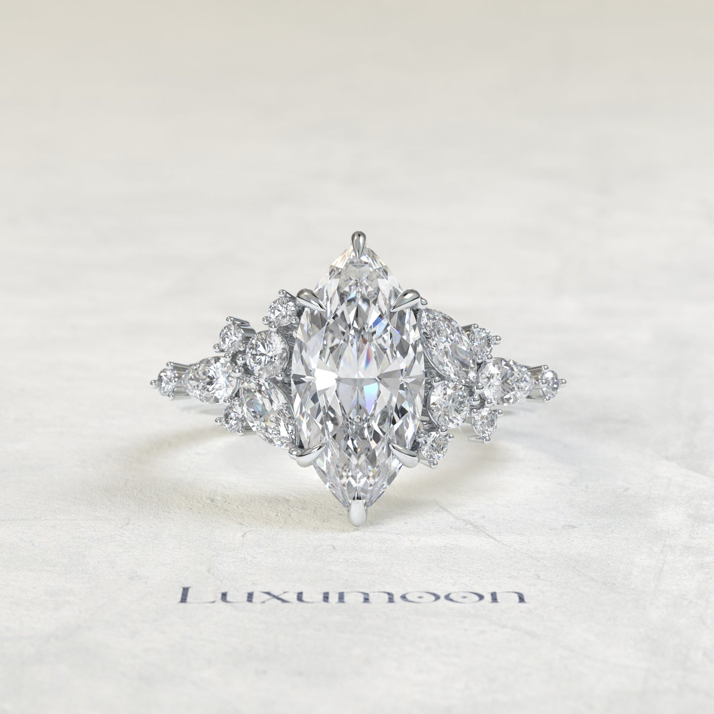The Alya – Marquise Cut Lab Grown Diamond Wide Scattered Mixed-Cut Cluster Engagement Ring
