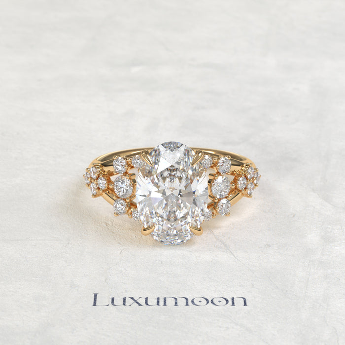 The Vora – Oval Cut Lab Grown Diamond Round Cluster Split Shank Engagement Ring