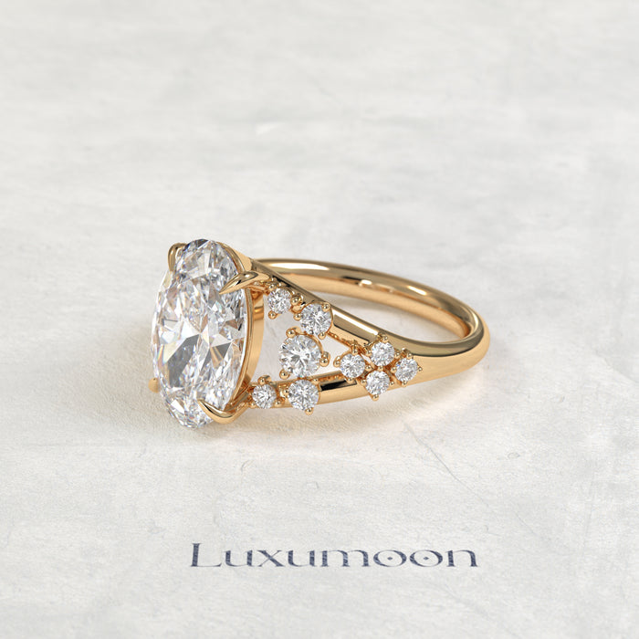 The Vora – Oval Cut Lab Grown Diamond Round Cluster Split Shank Engagement Ring