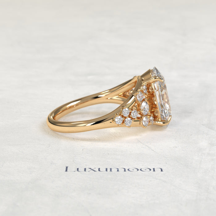 The Vora – Oval Cut Lab Grown Diamond Round Cluster Split Shank Engagement Ring