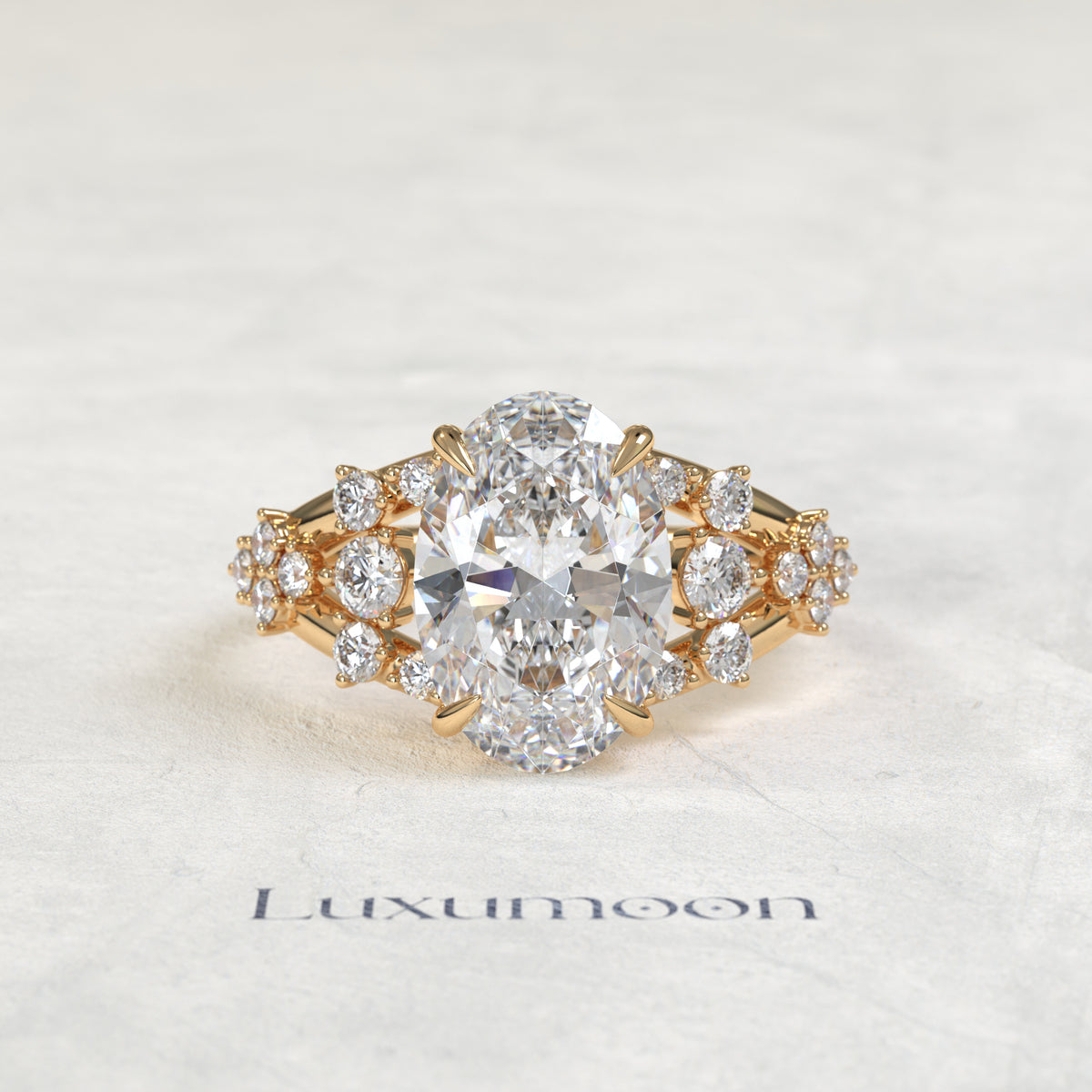The Vora – Oval Cut Lab Grown Diamond Round Cluster Split Shank Engagement Ring