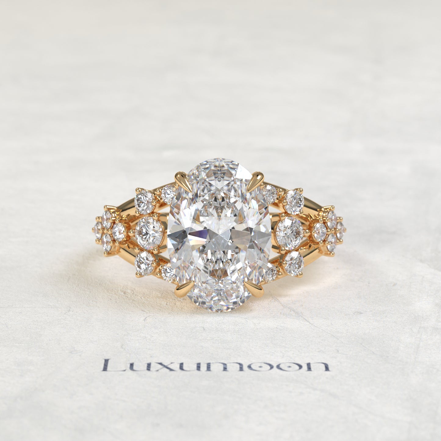 The Vora – Oval Cut Lab Grown Diamond Round Cluster Split Shank Engagement Ring