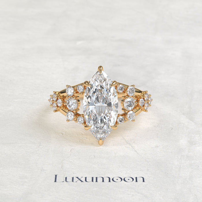 The Veya – Marquise Cut Lab Grown Diamond Stacked Round Cluster Open Split Shank Engagement Ring