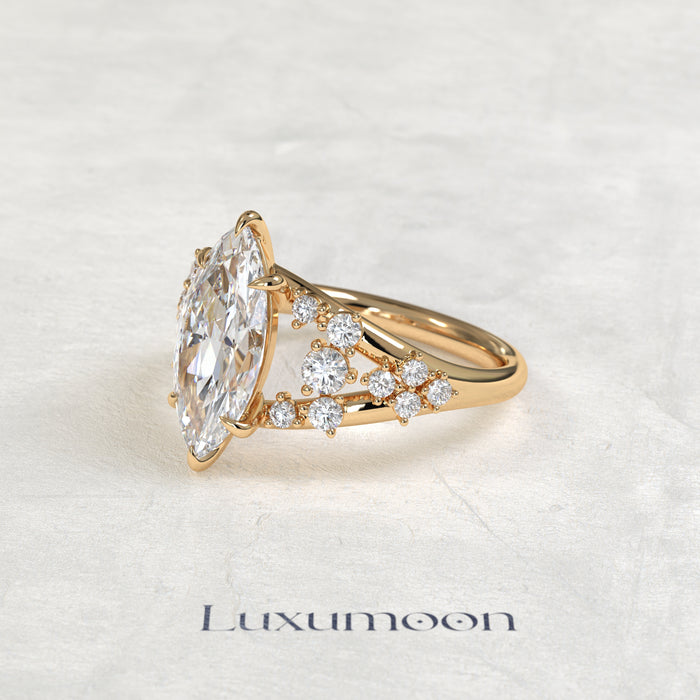 The Veya – Marquise Cut Lab Grown Diamond Stacked Round Cluster Open Split Shank Engagement Ring
