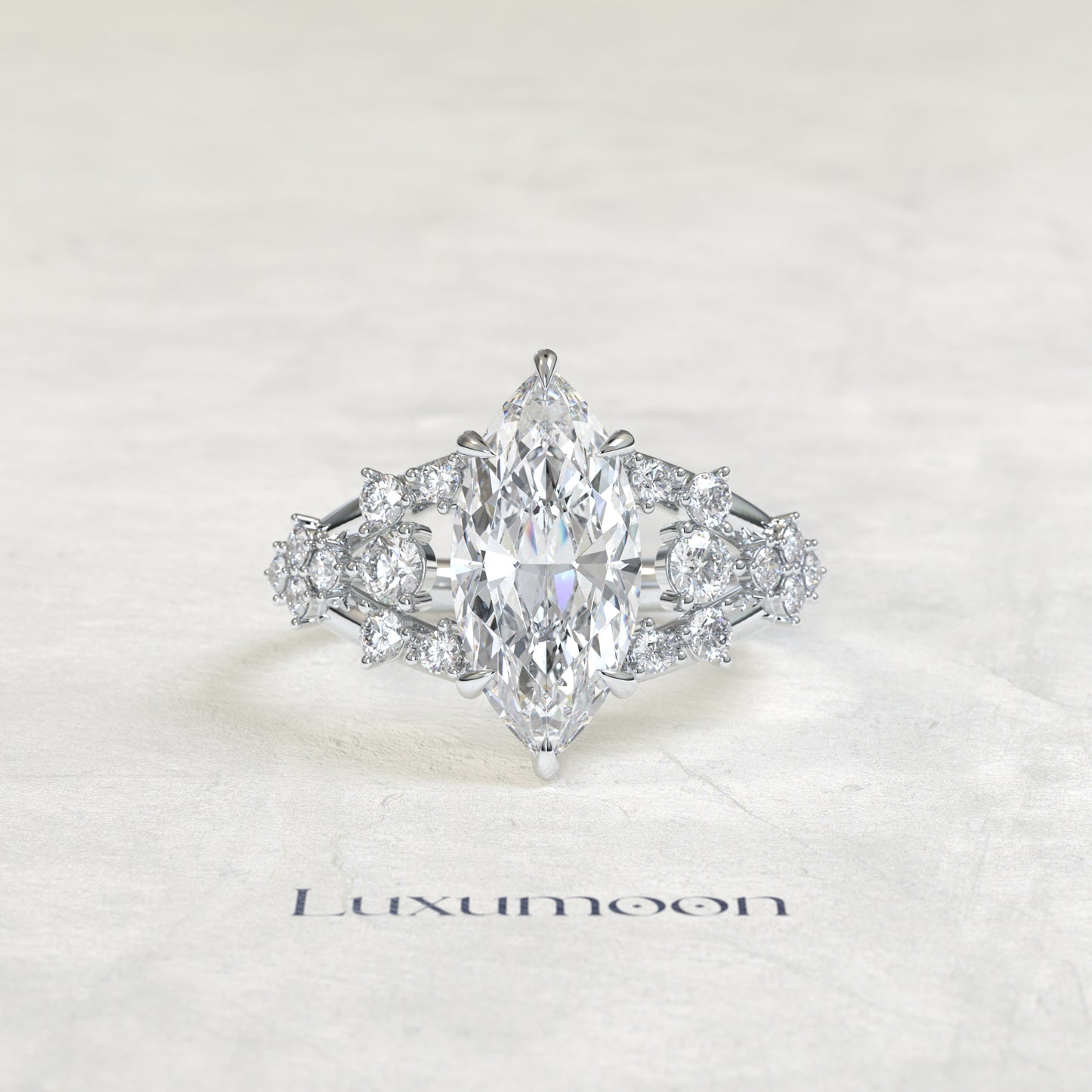 The Veya – Marquise Cut Lab Grown Diamond Stacked Round Cluster Open Split Shank Engagement Ring