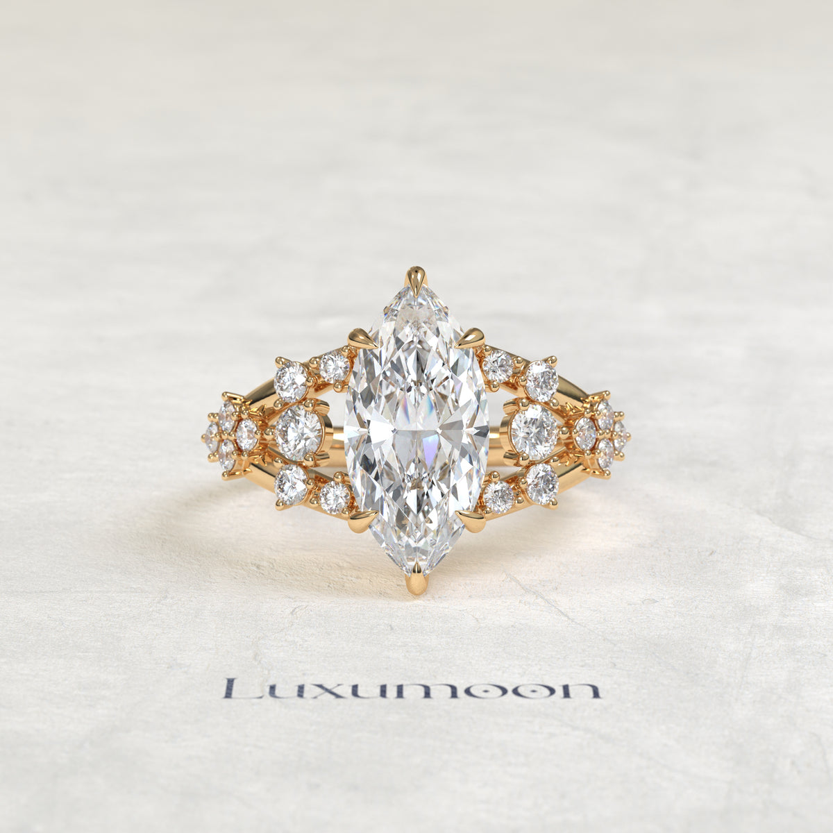 The Veya – Marquise Cut Lab Grown Diamond Stacked Round Cluster Open Split Shank Engagement Ring
