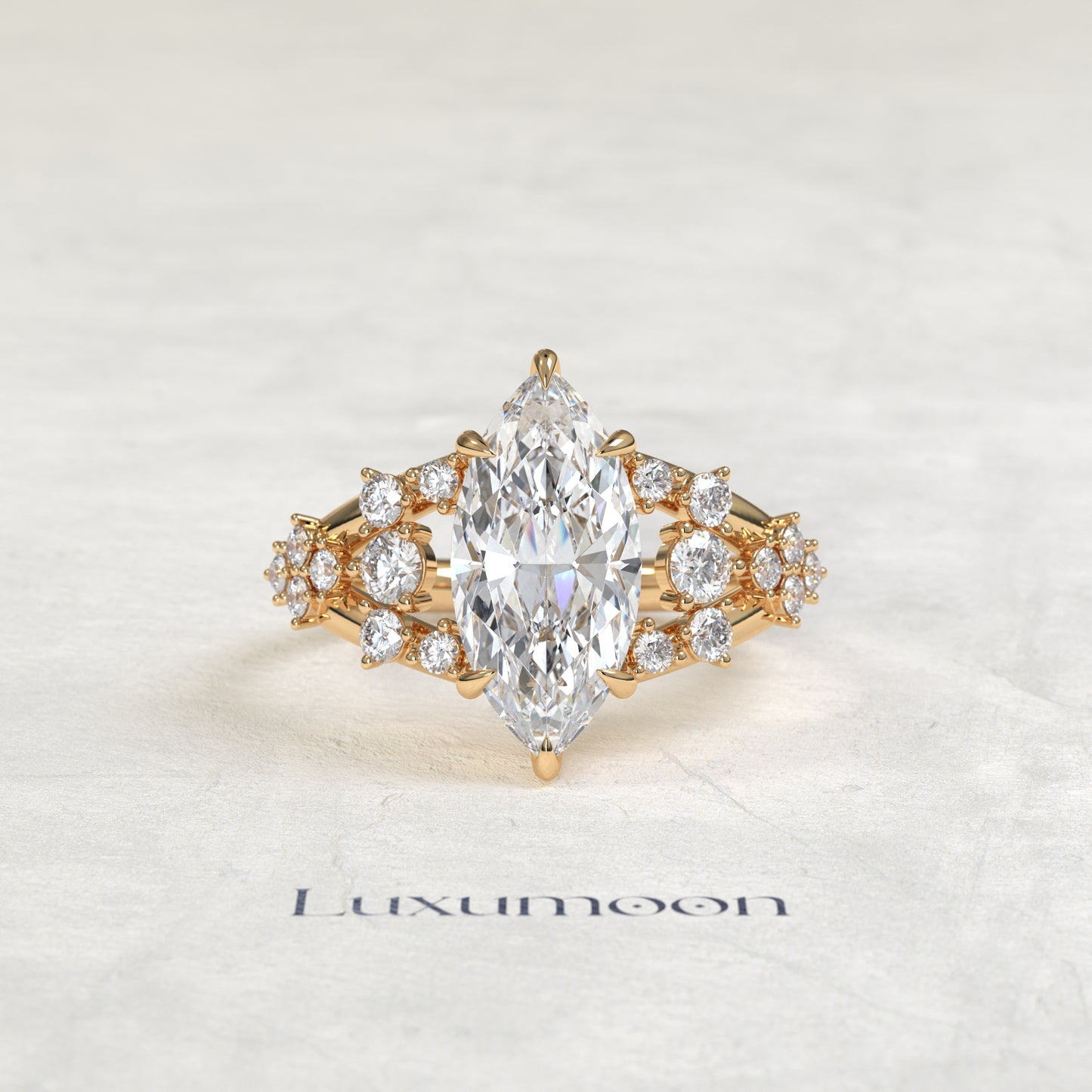 The Veya – Marquise Cut Lab Grown Diamond Stacked Round Cluster Open Split Shank Engagement Ring