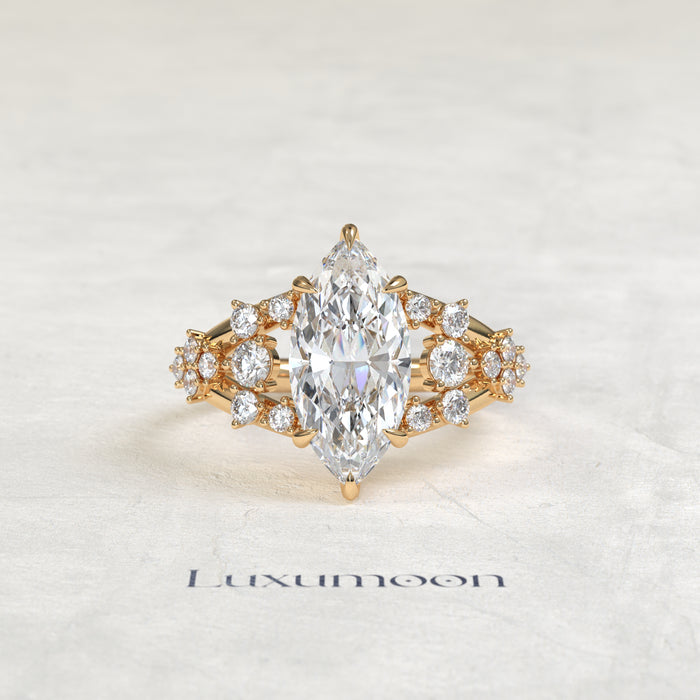 The Veya – Marquise Cut Lab Grown Diamond Stacked Round Cluster Open Split Shank Engagement Ring