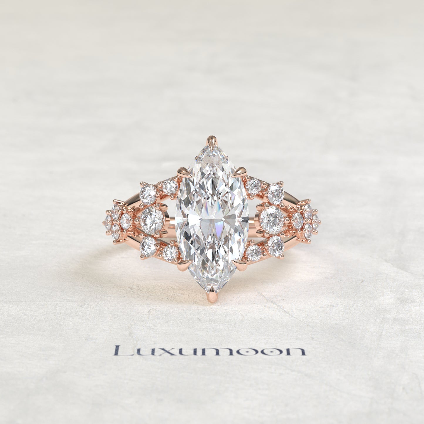 The Veya – Marquise Cut Lab Grown Diamond Stacked Round Cluster Open Split Shank Engagement Ring