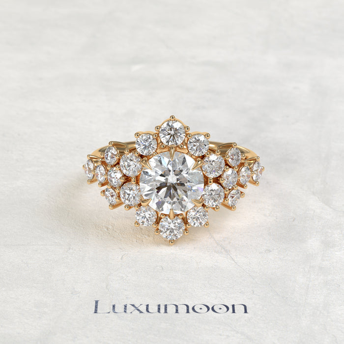 The Vion – Round Cut Lab Grown Diamond Oversized Round Halo Shoulder Cascade Engagement Ring