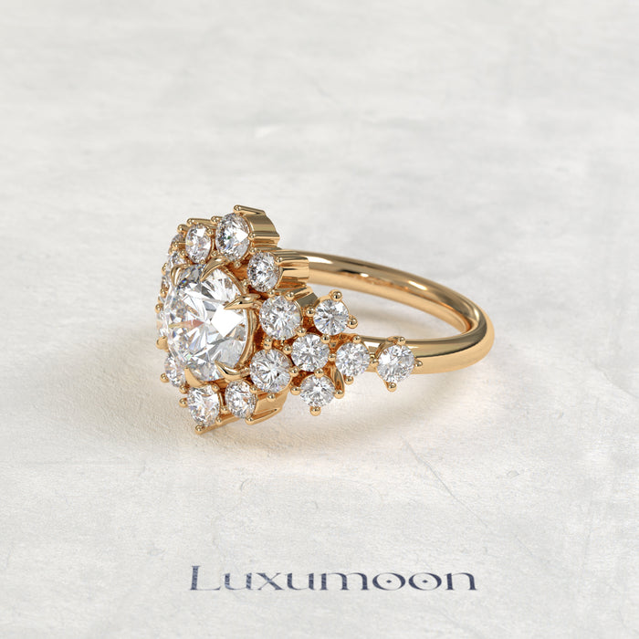 The Vion – Round Cut Lab Grown Diamond Oversized Round Halo Shoulder Cascade Engagement Ring