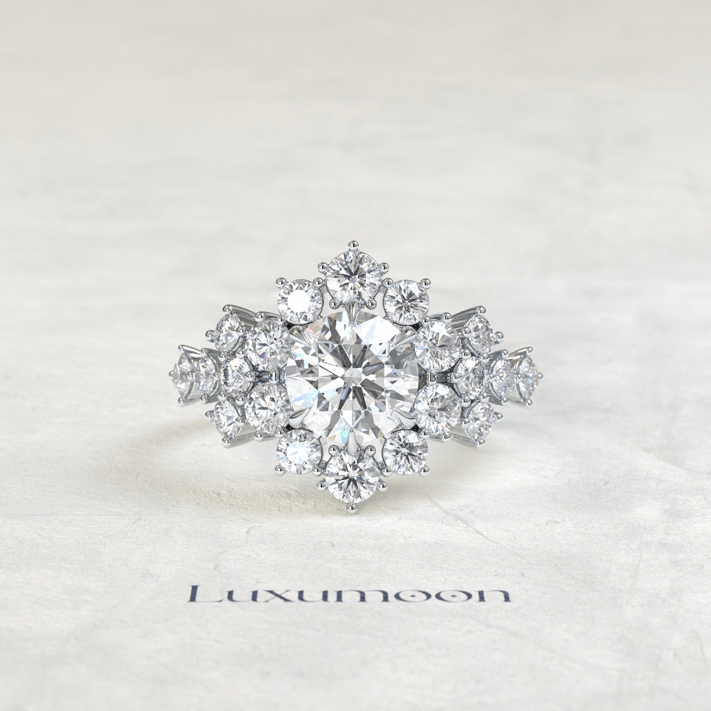 The Vion – Round Cut Lab Grown Diamond Oversized Round Halo Shoulder Cascade Engagement Ring