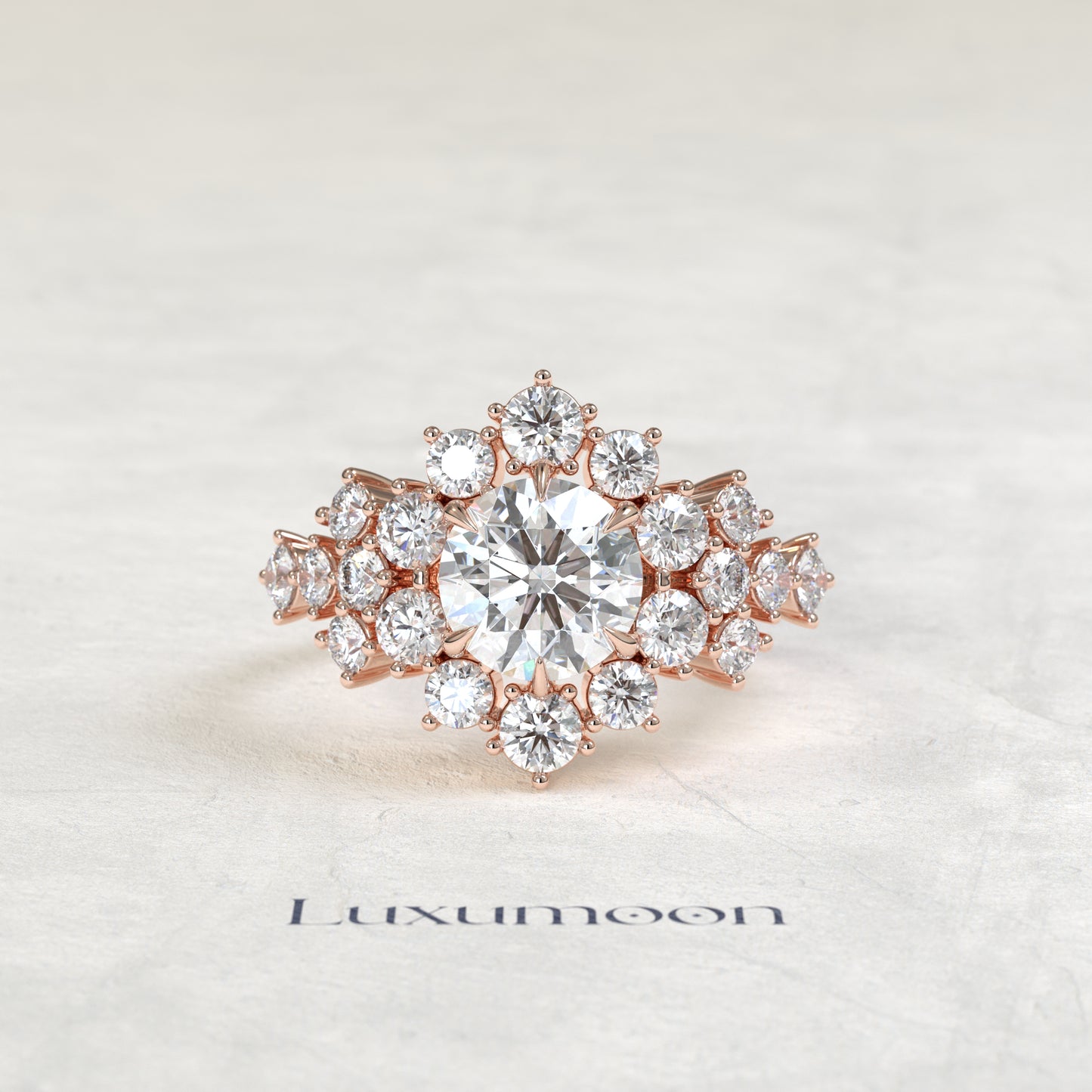 The Vion – Round Cut Lab Grown Diamond Oversized Round Halo Shoulder Cascade Engagement Ring