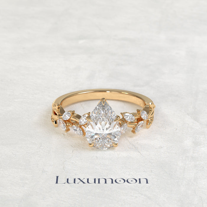 The Eryn – Pear Cut Lab Grown Diamond Marquise Leaf Cluster Botanical Vine Band Engagement Ring