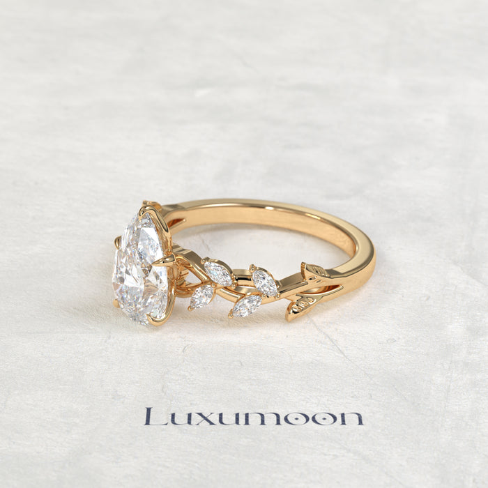 The Eryn – Pear Cut Lab Grown Diamond Marquise Leaf Cluster Botanical Vine Band Engagement Ring