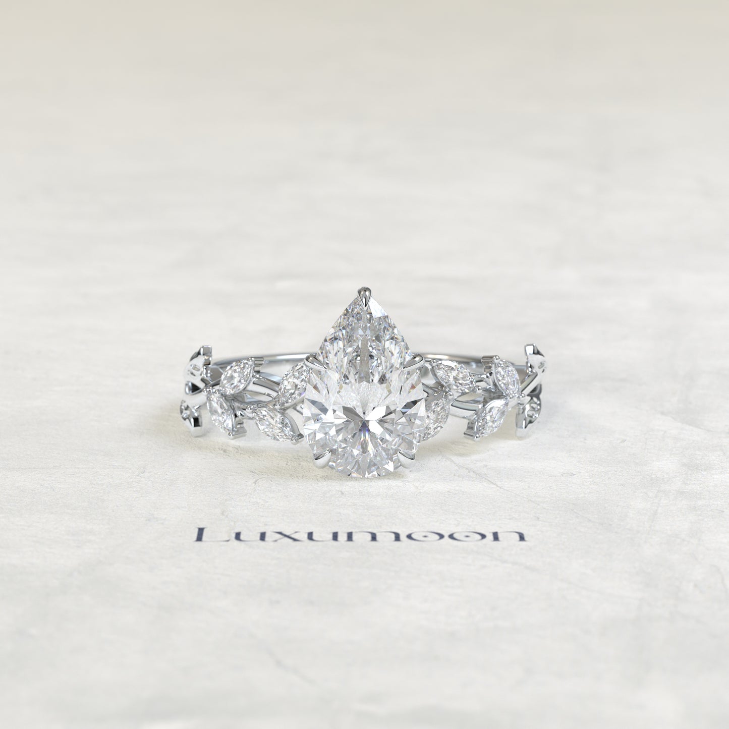 The Eryn – Pear Cut Lab Grown Diamond Marquise Leaf Cluster Botanical Vine Band Engagement Ring