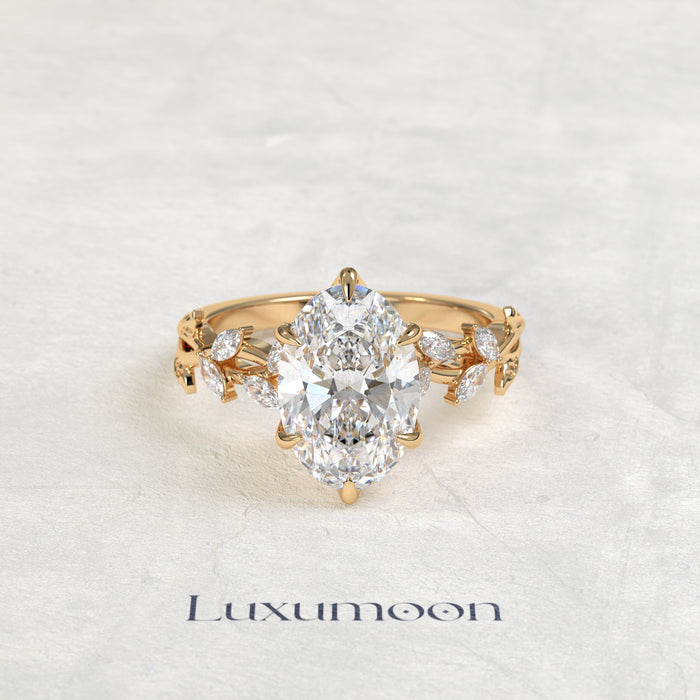 The Lura – Oval Cut Lab Grown Diamond Trailing Marquise Leaf Vine Band Engagement Ring