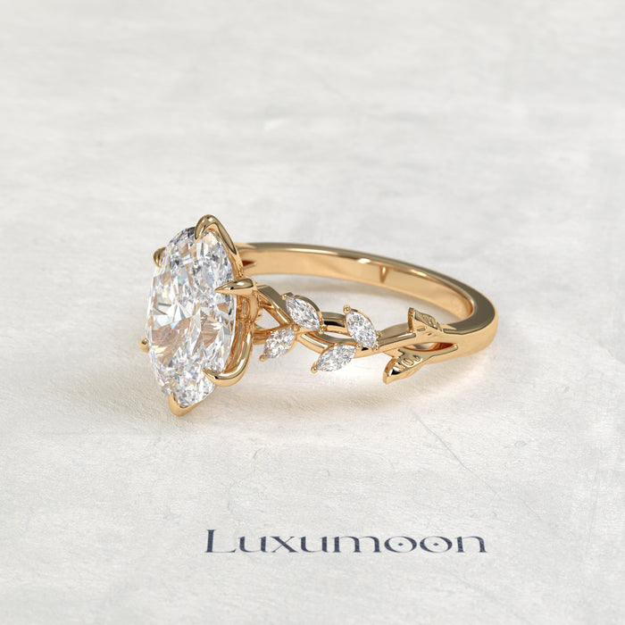 The Lura – Oval Cut Lab Grown Diamond Trailing Marquise Leaf Vine Band Engagement Ring