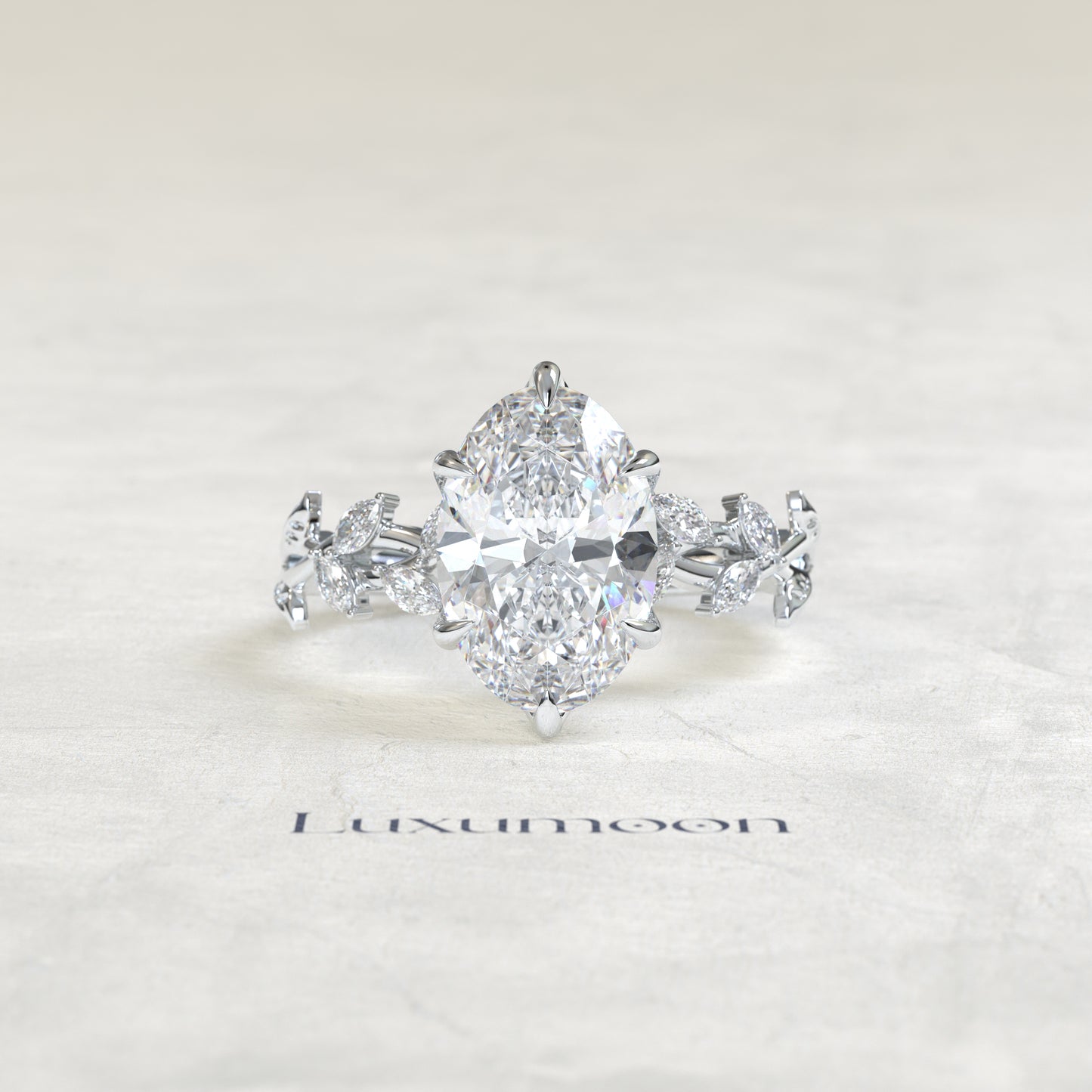 The Lura – Oval Cut Lab Grown Diamond Trailing Marquise Leaf Vine Band Engagement Ring