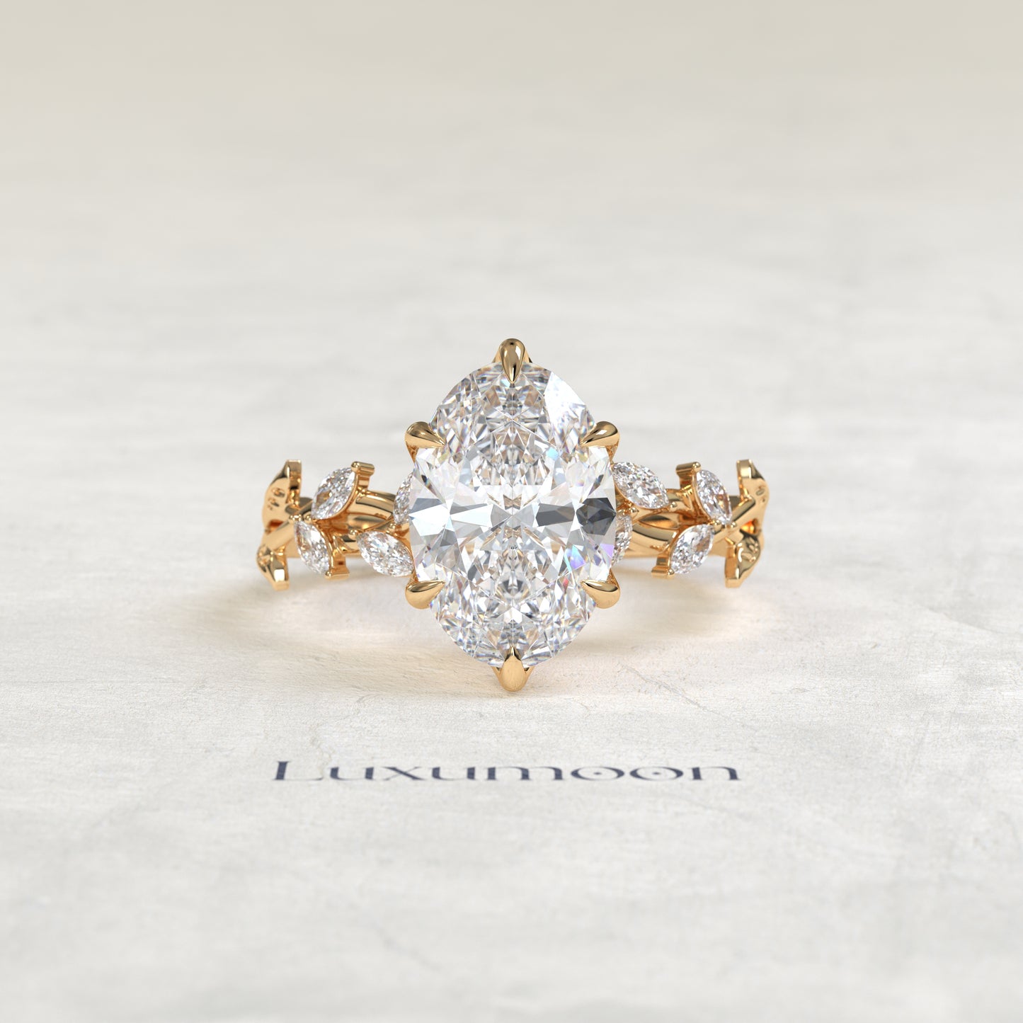 The Lura – Oval Cut Lab Grown Diamond Trailing Marquise Leaf Vine Band Engagement Ring