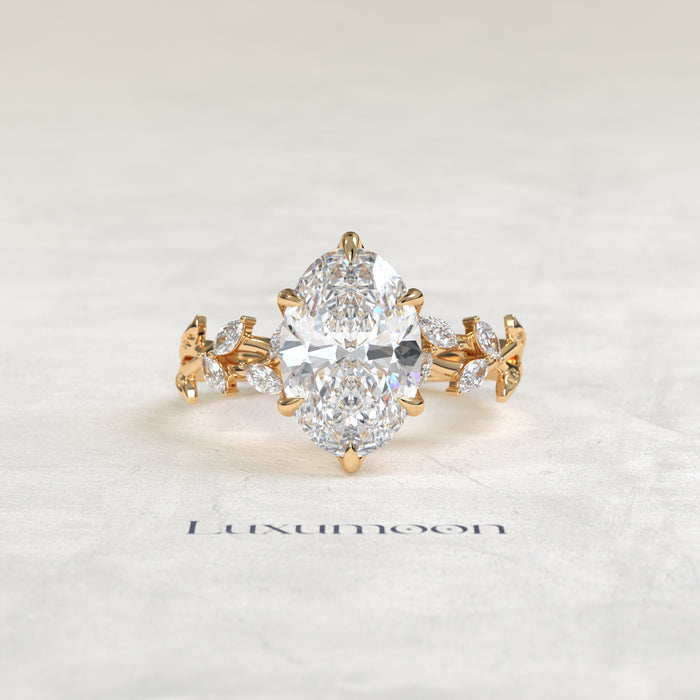 The Lura – Oval Cut Lab Grown Diamond Trailing Marquise Leaf Vine Band Engagement Ring